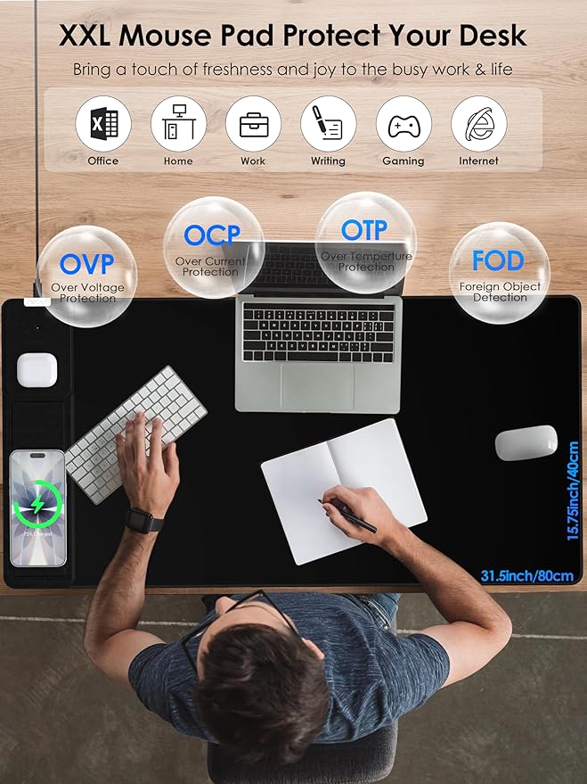 Wireless Charging Mouse Pad with Foldable Phone Holder, 15W Magnetic Fast Charging for iPhone Samsung, 31.5"x15.75" Large Desk Mat for Laptop/Keyboard, Waterproof Gaming Mousepad with Non-Slip Base