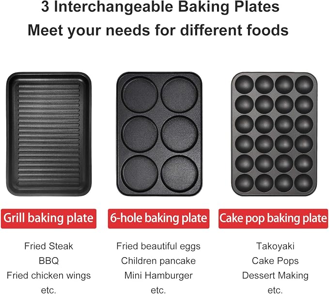Health and Home Multifunction Nonstick Baking Maker with 3 Interchangeable Baking Plates for Grill,Pan Cake and Cake Pops,Takoyaki Maker.RED