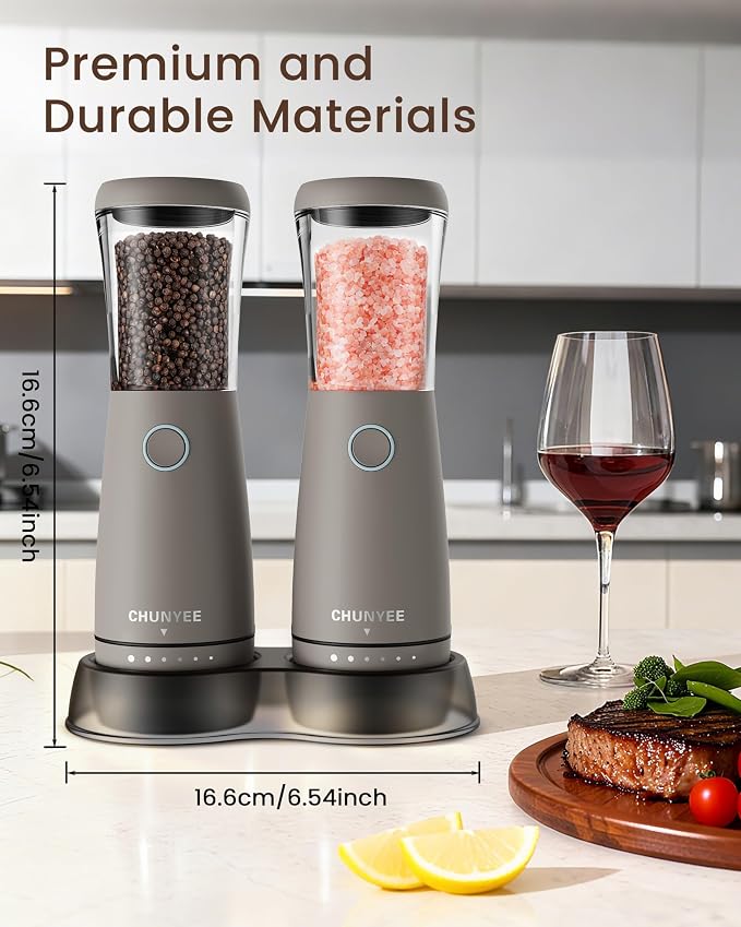 Electric Salt and Pepper Grinder Set - Automatic Stainless Steel Rechargeable Salt and Pepper Grinder Set with Storage Base, Large Capacity, LED Light & Adjustable Coarseness, Ideal Kitchen Gadget
