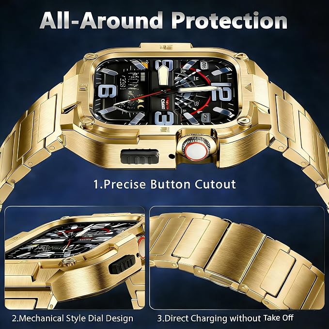 Stainless Steel Case and Band Compatible for Apple Watch Ultra 2 Band/Apple Watch Band 49mm 45mm 44mm 42mm,Fomal Metal iWatch Ultra/Ultra 2 Case with Strap for Men Series 9 8 7 6 5 4 SE (Gold, 45mm (Series 9 8 7）)