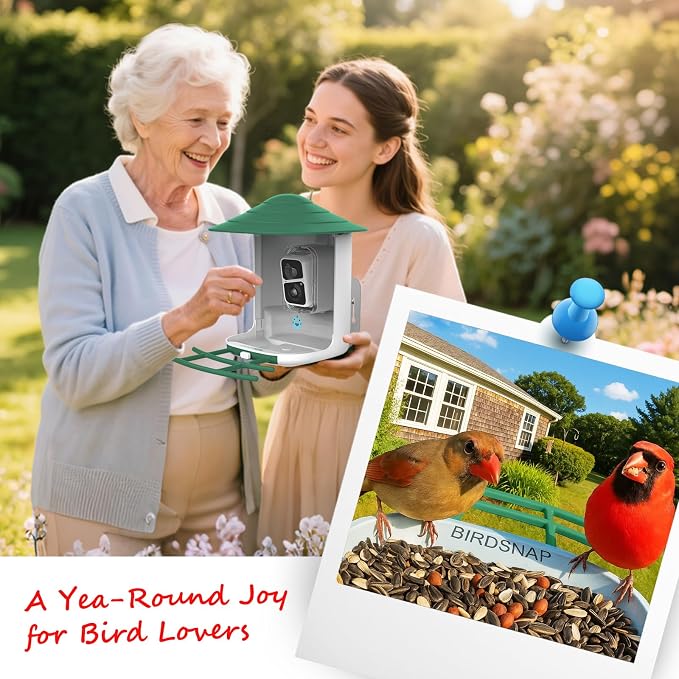 birdsnap® TUC Bird Feeder with Camera 2K HD Live with 32GB Card Auto Detect & Notify AI Identify Camera Birds Feeders Solar Powered Wireless Outdoors Backyard Gift for Mom Dad Birds Lover, 2.4G WiFi