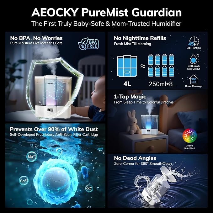 AEOCKY Geek-Level Humidifier for Baby, Quiet Ultrasonic Humidifiers for Bedroom, Nursery with Ambient Light, 4L Top-Fill Cool Mist Diffuser with Timer, Sleep, Auto, Constant Humidity Mode