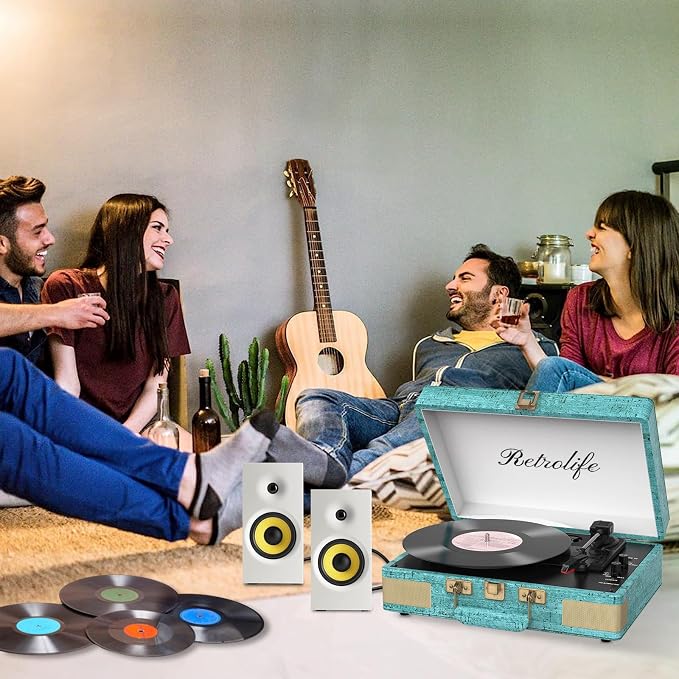 Retrolife Record Player 3 Speed Bluetooth Portable Suitcase Vinyl Player with Built-in Speakers Turntable Enhanced Audio Sound PU Leather Vintage