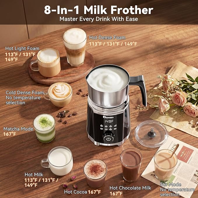 IAGREEA Milk Frother, 8 in 1 Large Hot and Cold Foam Maker (600ml), Detachable Milk Steamer Jug for Latte, Matcha, Hot Chocolate, Stainless Steel, Dishwasher Safe