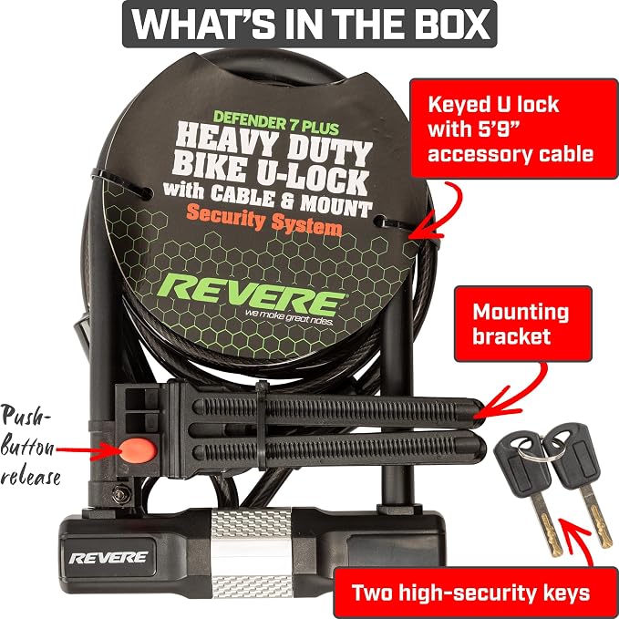 Revere USA Bicycle Keyed U-Lock with Extra Long Cable. Heavy Duty Hardened Steel. Protect Your Bike, e-Bike, Scooter or Motorcycle. Includes 2 Keys and Frame Mount. Anti-Mar Finish Ultimate Security.