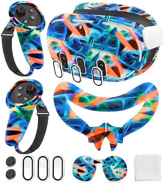 Silicone Cover Set Compatible with Meta/Oculus Quest 3 Accessories, Controller Grips, VR Shell Cover, Facial Interface Cover, Protective Lens Cover, Tempered Glass Lens Caps, Not Fit Quest 3S