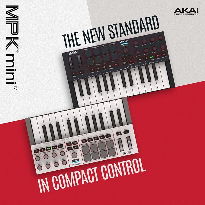 Akai Professional MPK Mini IV USB-C MIDI Keyboard Controller for Beginners and Producers - MPC Drum Pads, 360° Knobs, Pitch and Mod Wheels, Production Software, Native Instruments Sound Package, Black