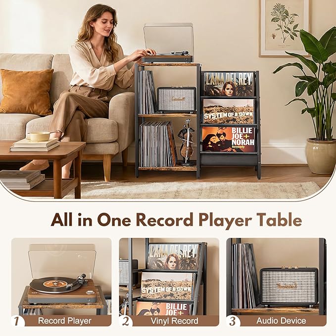 Bikoney Record Player Stand, Turntable Stand with 3-Tier Vinyl Record Storage, Record Player Table 200 Albums, End Table with Vinyl Display Holder Shelf, Record Player Cabinet Media Console for Stereo