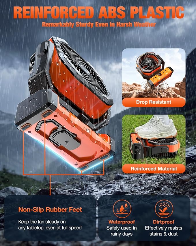 kejector Camping Fan 24000mAh Rechargeable Battery- Dual Motor & 8 Blades, Step-less Speed, Remote & Timer, Auto Swivel, 6 LED Light Modes, Hanging/Stand Anti‑Drop for Outdoor, Camping, Tent, Home