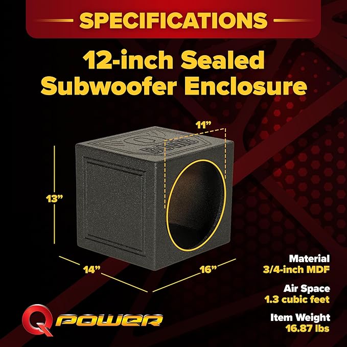 QPower Single 12-Inch Sealed Subwoofer Enclosure – Heavy-Duty MDF Car Audio Sub Box with Spray Finish