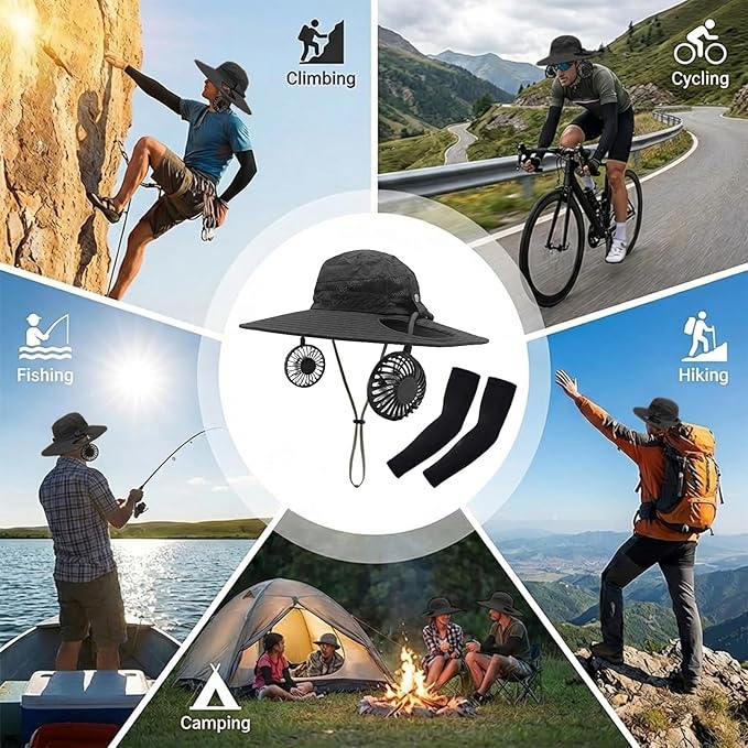 Sun Hat with Fan for Men & Women, Bucket Hat with Fan, UPF 50+ Cooling Hat with Sunblock Sleeves for Fishing,Hiking