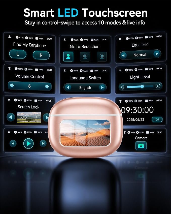 Wireless Earbuds with Smart Touchscreen Case, Bluetooth 6.0 Ear Buds with AI Noise Cancelling Calls, 40H Playtime Stereo Headphones, IPX7 Waterproof Earbuds for Workout, Travel,iPhone,Android,Rose