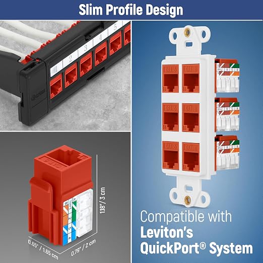 Everest 90° Angled RJ45 Cat6 Keystone Jacks 50-Pack in Orange - Slim Profile Female RJ45 Connectors - Cat 6 Keystone Jack - Compatible with 90° Angled Speed Termination Tool - easyJACK (B094WB91H3)