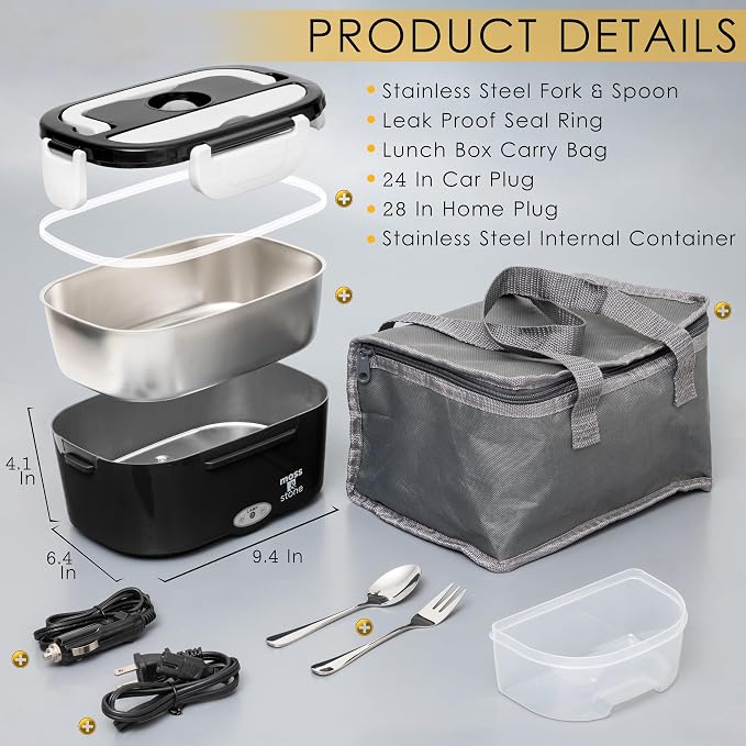 Moss & Stone Electric Lunch Box Food Heater for Adults Black & White Food Warmer Lunch Box, 12/24/110v Lunch Box Warmer Portable For Work/Car/Truck, Fork & Spoon & 1.5L Removable S.S Container