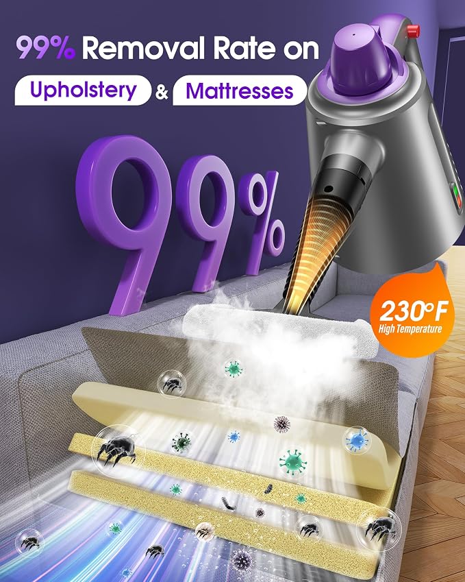 Handheld Steam Cleaner for Home, Pressurized Multi Purpose Steamer for Cleaning Upholstery Bed Furniture Couch Carpet Car with 14 Accessories & Safety Lock, Small Container for Grease