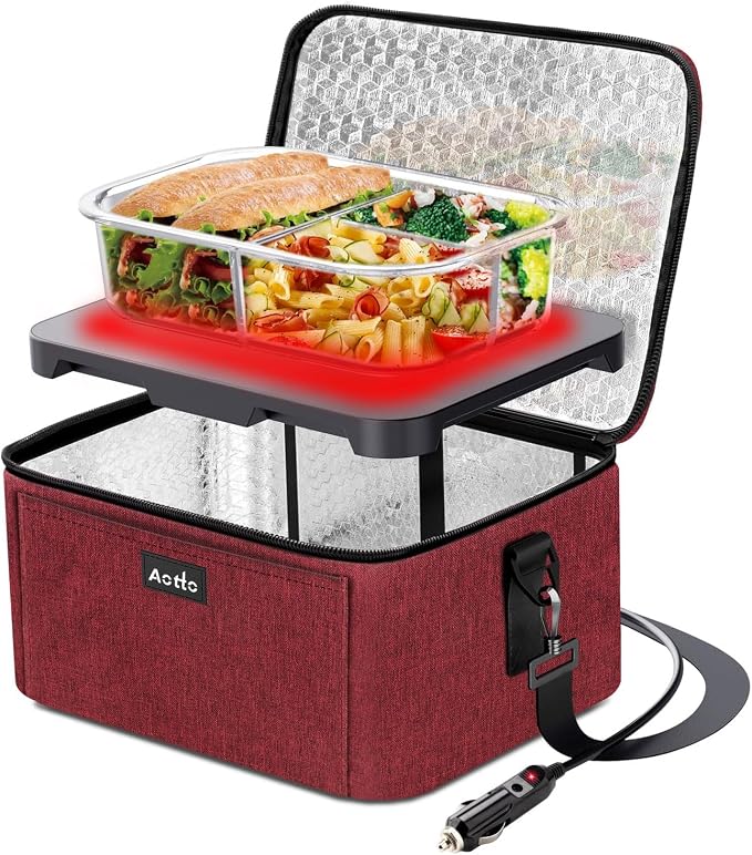 Aotto Heated Lunch Box Food Warmer - 12V/24V 2-in-1 Car Food Warmer with Vehicle Plug - Mini Portable Electric Lunch Box Heater for Men and Women - Reheat & Keep Meals Warm On the Go - Red