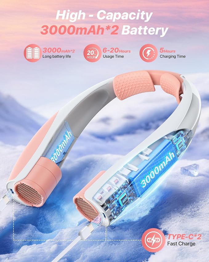 Kesguar Portable Neck Fan, 20H RunTime Cooling Fan, 6 Speeds 360° Airflow Personal Fan, Rechargeable Hands Free with 6000mAh Battery Wearable Fan Gifts for Women Men Outdoor Travel Camping