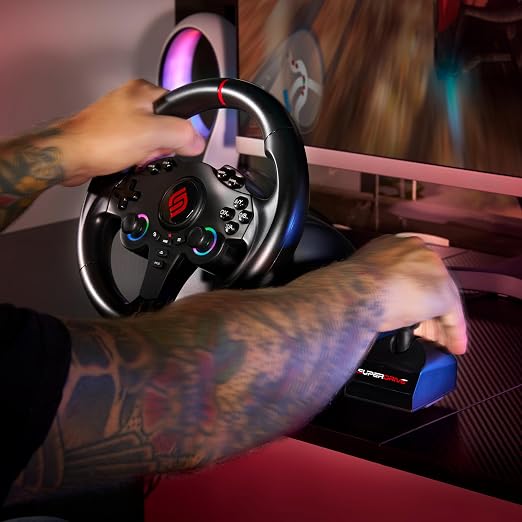 SUBSONIC Superdrive 220RSX Racing Wheel Switch 2/Switch PS4 PC Xbox Series | Steering Wheel, Dual Joysticks, Pedals, Gear Shifter for GTA 6 & Farming Simulator - Vibration, Diameter 22 cm, Rotation 180°