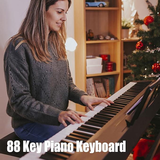 88 Key Piano Keyboard, Electric Digital Piano with Semi Weighted Keys, Keyboard Piano with Sustain Pedal, Power Adapter, Stand, Carrying Case, Headphones, USB-MIDI Compatibility, for Beginner Adults