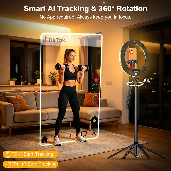 10" Ring Light with 71" Phone Tripod Stand Auto Face Tracking, Vlogging Kit for iPhone Tripod with Remote, Dimmable LED Circle Round Light for TikTok/Makeup/YouTube/Live Steaming