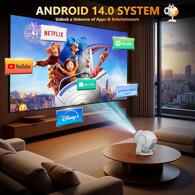 【8K Video Decode / Android 14.0】Mini Smart Projector with WiFi 6 and Bluetooth 5.4, 450 ANSI Support 4K 1080P, Portable Outdoor Movie Projectors, Auto Keystone Correction, 270° Rotatable Proyector