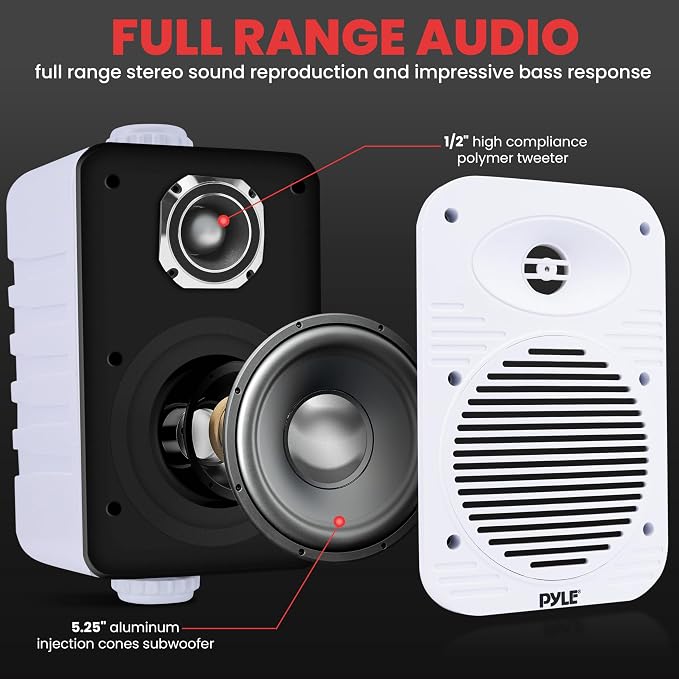 Pyle 500 Watt Bluetooth Indoor Outdoor Speakers Pair - Dual Waterproof 5.25” 2-Way Full Range Speaker System w/ 1/2” High Compliance Polymer Tweeter | Home, Boat, Marine, Deck, Patio, Poolside (White)