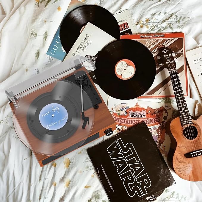 Vinyl Record Player Built-in Stereo Speakers BT Wireless Input Belt Drive Vintage Turntables for Vinyls Records 3 Speed LP Players Turn Tables RCA Line Auto Stop All-in-one Wooden Walnut