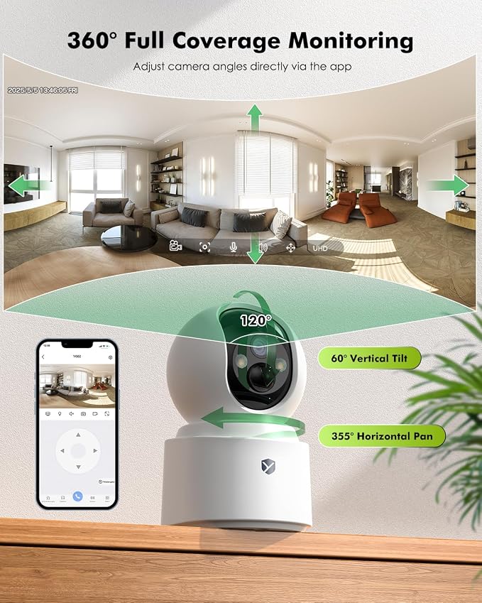Battery Powered Indoor Camera Wireless for Home Monitoring, Rechargeable Pet Camera with 2-Way Audio, 360° PTZ, 2.5K Color Night Vision, Dual-Band WiFi, TF/Cloud Storage, Dog & Cat Cam with phone app