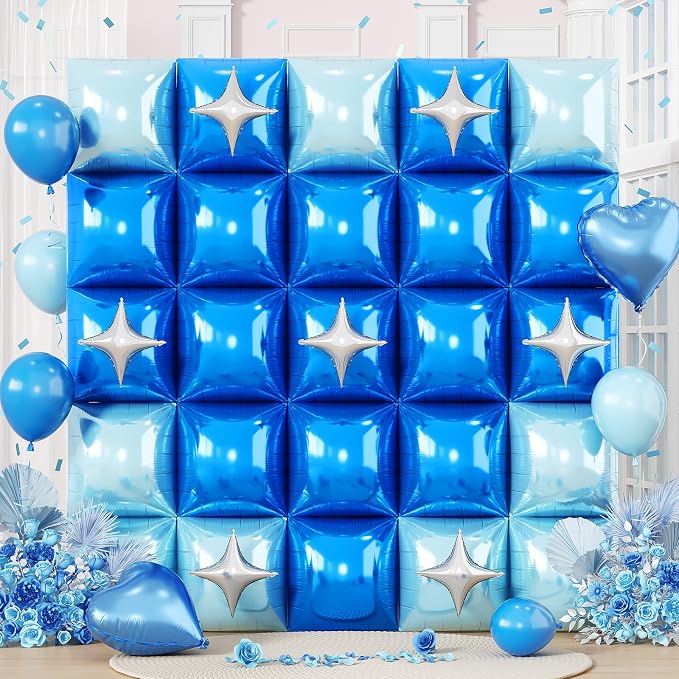 Electric Balloon Pump and 32PCS Blue Square Foil Balloon with Star Foil Balloon, 600W Dual Nozzle Air Pump & Metallic Light Blue Mixed Tunnel Arch Kit for Boy Birthday Baby Shower Graduation