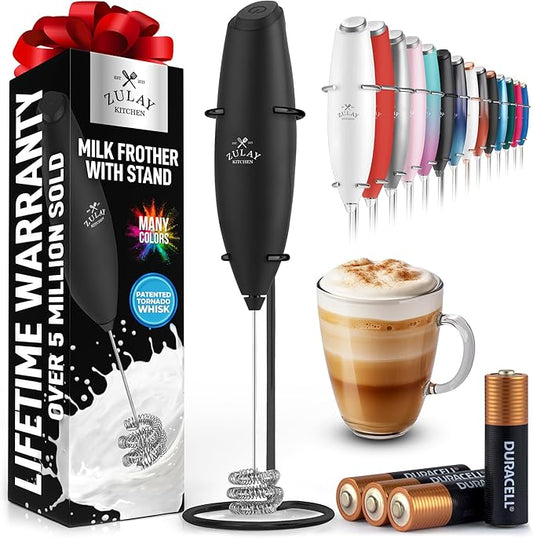 Zulay Kitchen Powerful Milk Frother Wand With Duracell Batteries - Ultra Fast Handheld Drink Mixer - Electric Whisk Foam Maker for Coffee, Lattes, Cappuccino & Matcha - Triple Whisk - Midnight Elite