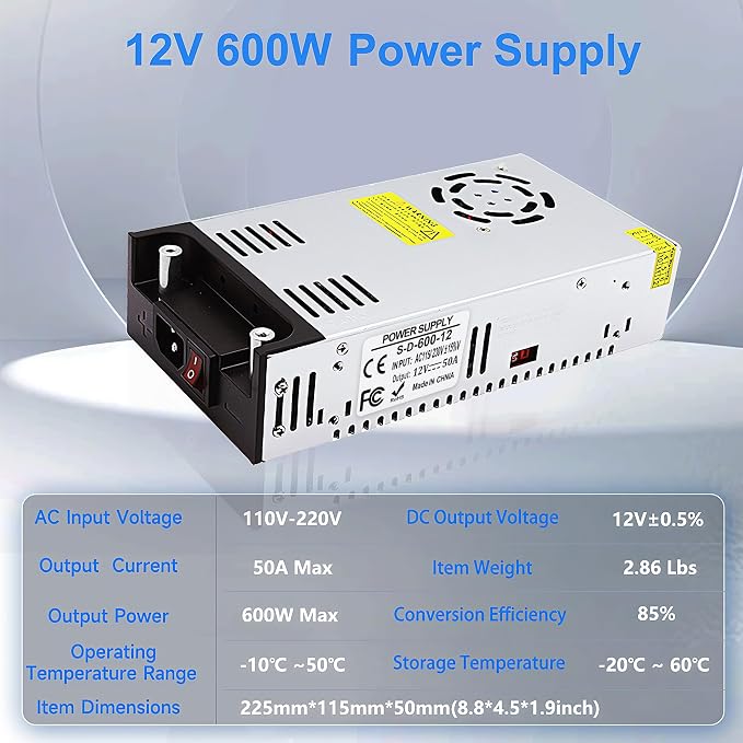New Version 110V AC to 12V DC Converter 600W Power Supply 50A, Universal SMPS Transformer for RV, Pump, LED Strip, CCTV, Car Stereo,Diesel Heater