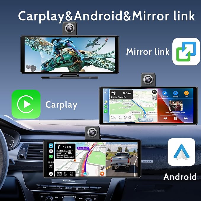 10 Inch Wireless Apple CarPlay & Android Auto Screen for Car with 4K Dash Cam,Ultra-Light Touchscreen, IP68 1080P Backup Camera, GPS Navigation, Voice Control, Mirror Link(No Card)