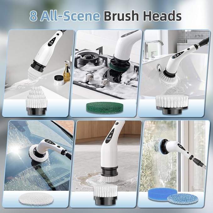 Electric Spin Scrubber, 3-Speed Cordless Cleaning Brush with 8 Brush Heads & Base, IPX7 Waterproof, Adjustable Long Handle, Digital Display, 2500mAh Fast Charging, for Bathroom, Tub, Tile, Floor