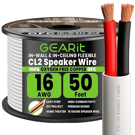 GEARit Speaker Wire 16 Gauge OFC 50 ft, Copper Wire UL CL2 Rated, 16 AWG Wire with Red/Black Color Coded, Speaker Cable for in-Wall Home Theater, School, Church & Commercial Audio(White)