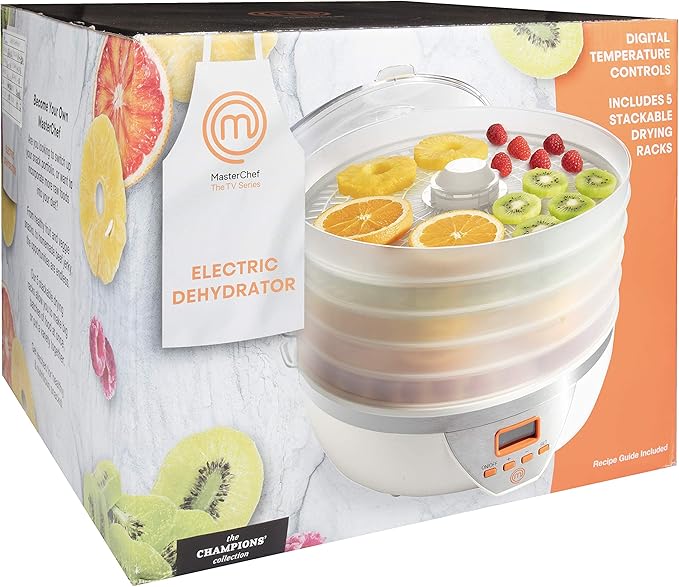 MasterChef Digital Food Dehydrator w 5 Large Trays and Temperature Controls- 8L Capacity- Programmable Dehydrating Machine w Recipe Guide- BPA Free, Make Healthy Snacks, Dry Fruit, Veggies, Beef Jerky