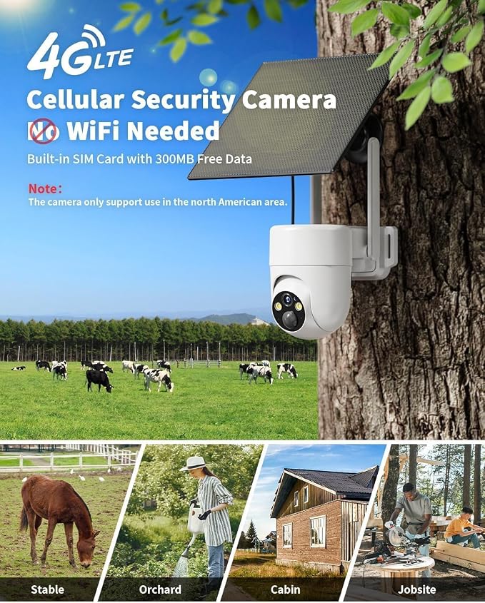 LIWAN Cellular Security Camera, No WiFi Needed, 360° Live View Off Grid Cam | 4G LTE Solar Security Camera with SIM Card, 2K Color Night Vision, Wireless Outdoor Camera for Farm, Cabin, Construction Site
