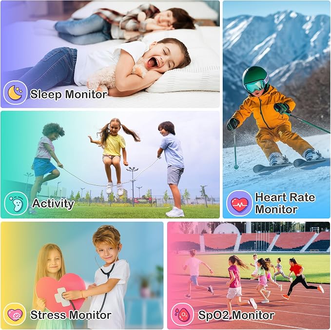 Kids Waterproof Smart Watch Girls with Fitness Tracker Sports Activity Pedometer Heartrate SpO2 Stress Monitor Flashlight APP HD Touch Screen Camera Games Music for 4-13 Year Old Girls Gifts for Kids