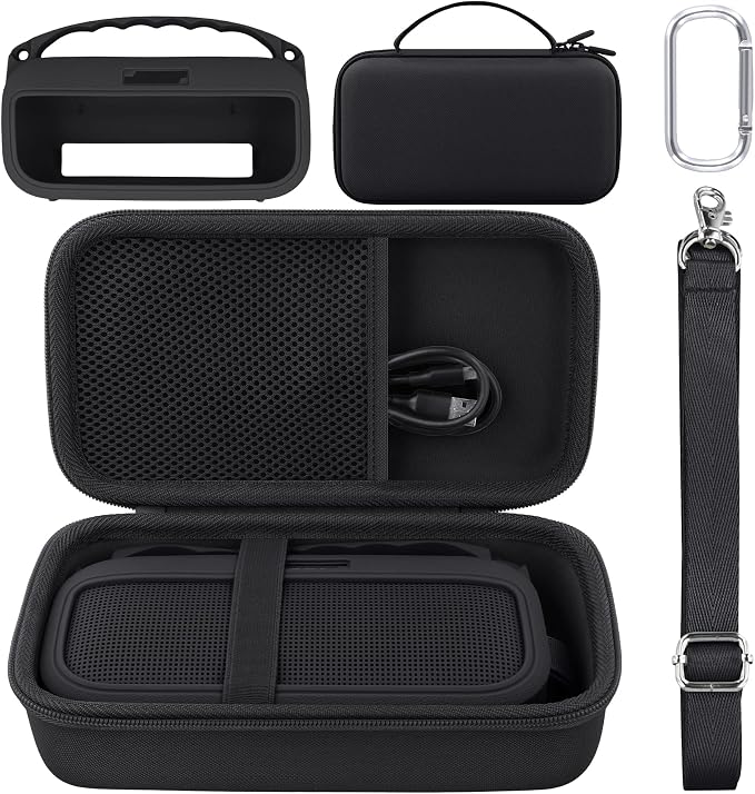 co2CREA Hard Case and Silicone Case Replacement for Bose New SoundLink Flex 2nd Gen/Bose SoundLink Flex Bluetooth Portable Speaker, Protective Case with Carabiner and Shoulder Strap (Black Case)