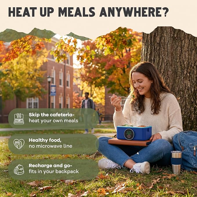 Oaktiv Lunch Box Warmer, Electric Heated Lunch Box for Adults, 4-Cup Cordless Portable Food Warmer with Scheduled Timer, Rechargeable with Insulated Bag