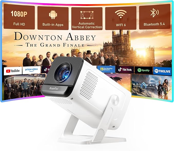 【Ivory Projector & Built-in Apps】 XuanPad Mini Projector with Wi-Fi and Bluetooth, Full HD 1080P Smart Portable Projector with 210° Stand, Auto Vertical Keystone, Compatible with HDMI/USB/TV Stick