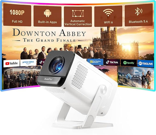 【Ivory Projector & Built-in Apps】 XuanPad Mini Projector with Wi-Fi and Bluetooth, Full HD 1080P Smart Portable Projector with 210° Stand, Auto Vertical Keystone, Compatible with HDMI/USB/TV Stick