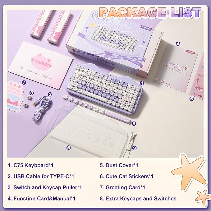 YUNZII C75 Wireless Mechanical Keyboard,75% Layout, Hot-Swappable NKRO,BT5.0/2.4G/USB-C Mode,Dye-Sub PBT MOA Keycaps,RGB Gasket Mount,Cute Cake Design for Mac/Win/Gaming (Purple, Milk V2 Switch)