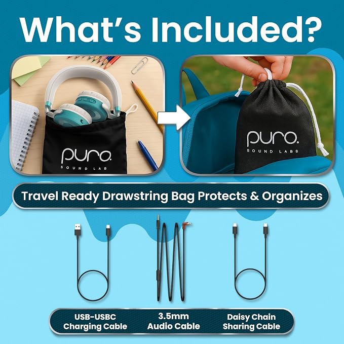 Puro Sound Labs JuniorJam Plus Volume-Limiting Wireless Bluetooth Headphones for Kids, Secure Audio with Adjustable On-Ear Design, 22-Hour Battery Life, Ideal for Tablets, Smartphones & PCs - Teal
