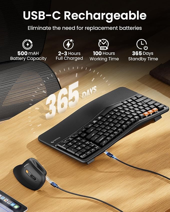 ProtoArc EKM02 Wave Keys Ergonomic Wireless Keyboard and Mouse, Bluetooth Keyboard with EM11 NL Ergonomic Vertical Mouse, Cushioned Palm Rest, Multi-Device, Rechargeable, for Windows, Mac - Black