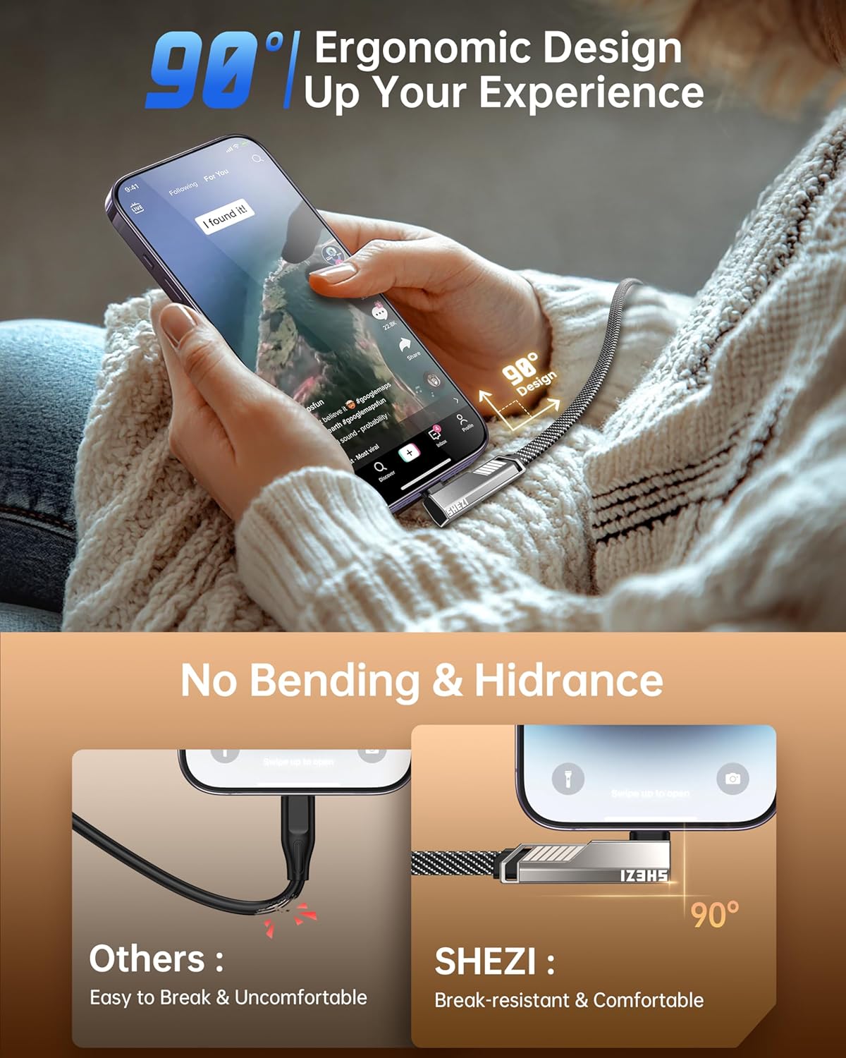 SHEZI 4-in-1 USB C Cable 3FT Compatible with Lightning Cable 90 Degree, [Fast Charging&Data Transfer] Flat Nylon Braided Charger Cord Combo, USB A/C to C/L Multi Charge Cable for iPhone/iPad