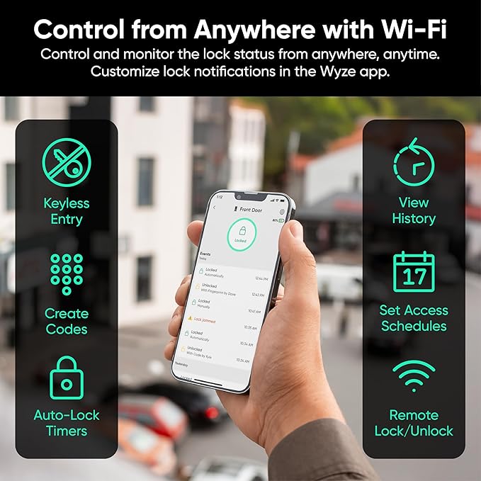 Wyze Auto-Lock Bolt v2, Fingerprint Keyless Entry Smart Lock, AI Learning Scanner with Wi-Fi Front Door Lock Deadbolt, Auto-Lock, 8 Months Battery, BHMA2, IP53, Anti-Peep Keypad, Backup Keys