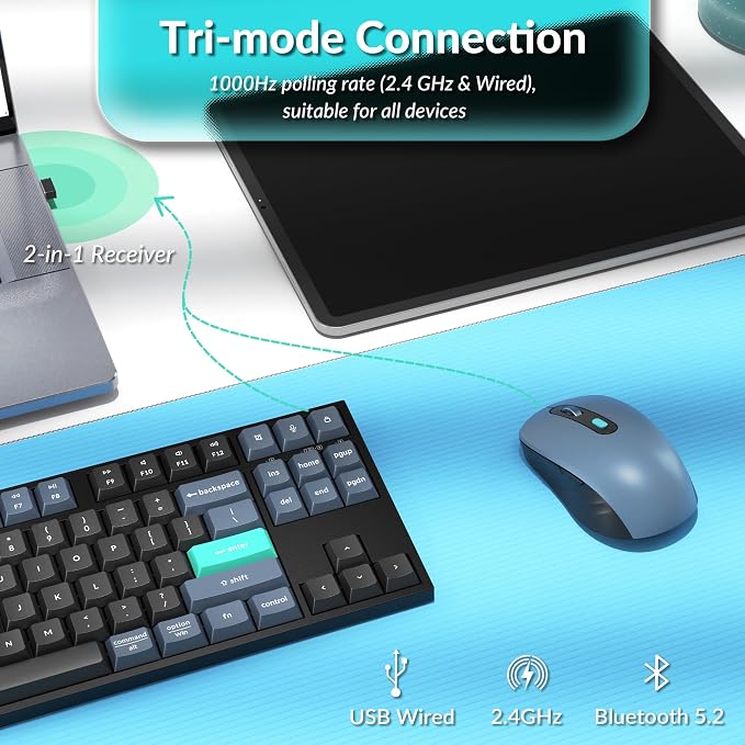 Keychron B33 Wireless Keyboard & BM25 Mouse Combo, 2.4 GHz/Bluetooth 5.2/Wired, 80% TKL Silent Portable Ergonomic Keyboard Adjustable DPI Mouse, Unifying Receiver for macOS Windows Linux