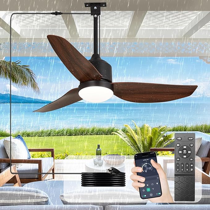 Depuley Outdoor Ceiling Fan with Light: 42 Inch Waterproof Gazebo Fans with Lights Outdoor Hanging - Plug in Remote App Control for Patio Indoor Farmhouse Porch - 6 Speed Reversible DC Motor Walnut