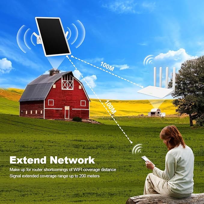 Solar WiFi Extender, Outdoor Repeater, Extends Coverage Up to 500ft, with 15W Solar Panel and 25000mAh Battery, for 2.4GHz WiFi
