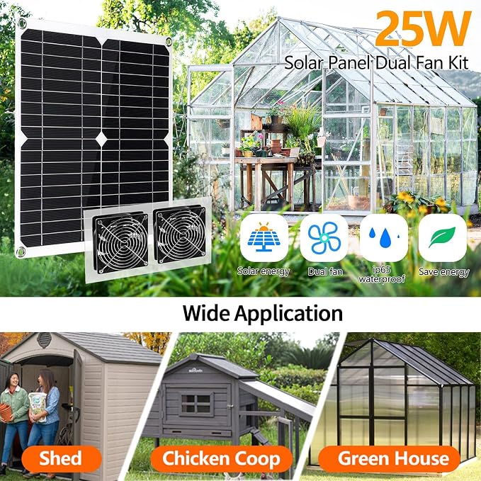 25W Solar Powered Fan for Chicken Coop Greenhouse Shed | Solar Exhaust Fan, Plug Play, Waterproof Ventilation, with On/Off Switch, Strong Airflow, For Dog House, Kennel, Attic, Barn